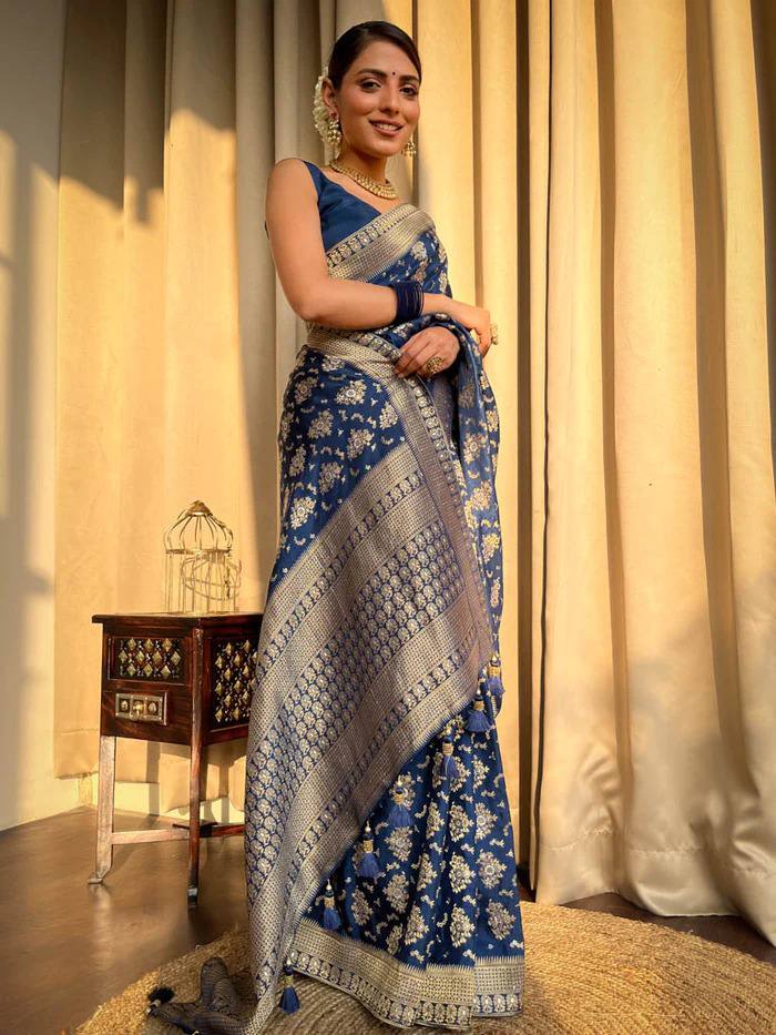 BLUE COLOUR PURE SEMI SILK SAREE WITH HEAVY BROCADE BLOUSE