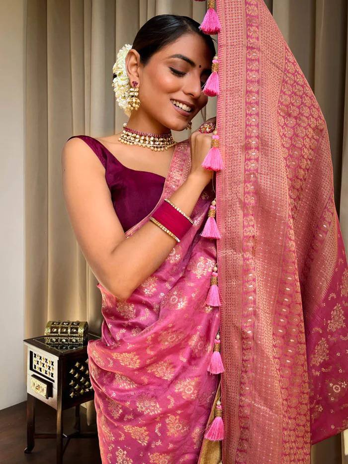 BABY PINK COLOUR PURE SEMI SILK SAREE WITH HEAVY BROCADE BLOUSE