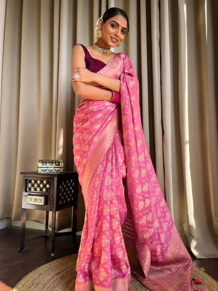BABY PINK COLOUR PURE SEMI SILK SAREE WITH HEAVY BROCADE BLOUSE