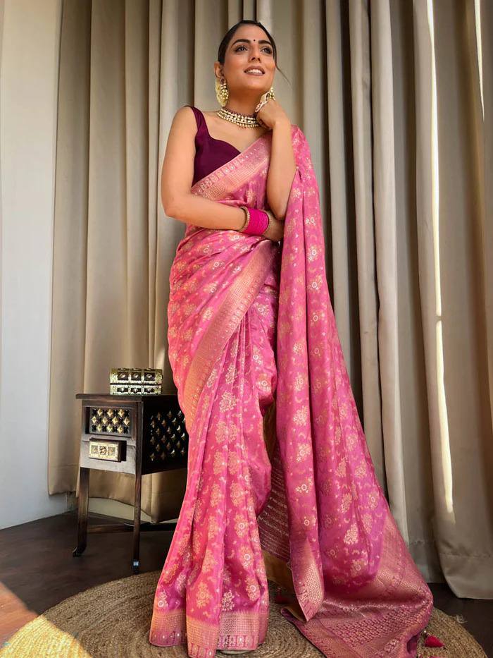 BABY PINK COLOUR PURE SEMI SILK SAREE WITH HEAVY BROCADE BLOUSE