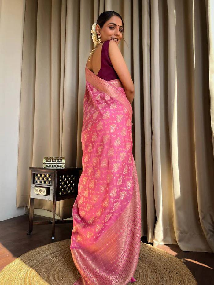 BABY PINK COLOUR PURE SEMI SILK SAREE WITH HEAVY BROCADE BLOUSE