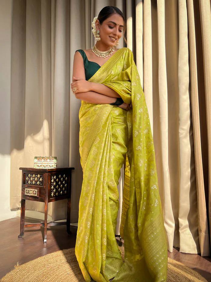 MAHENDI GREEN COLOUR PURE SEMI SILK SAREE WITH HEAVY BROCADE BLOUSE