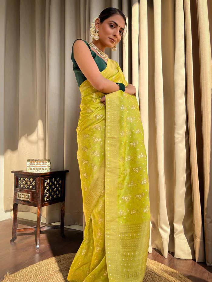 MAHENDI GREEN COLOUR PURE SEMI SILK SAREE WITH HEAVY BROCADE BLOUSE