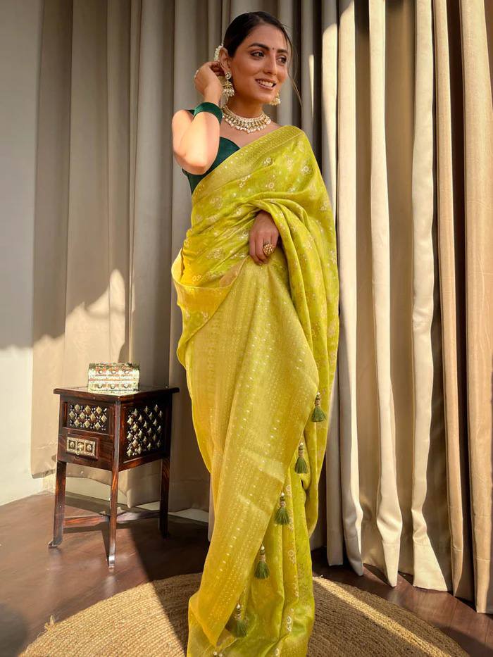 MAHENDI GREEN COLOUR PURE SEMI SILK SAREE WITH HEAVY BROCADE BLOUSE