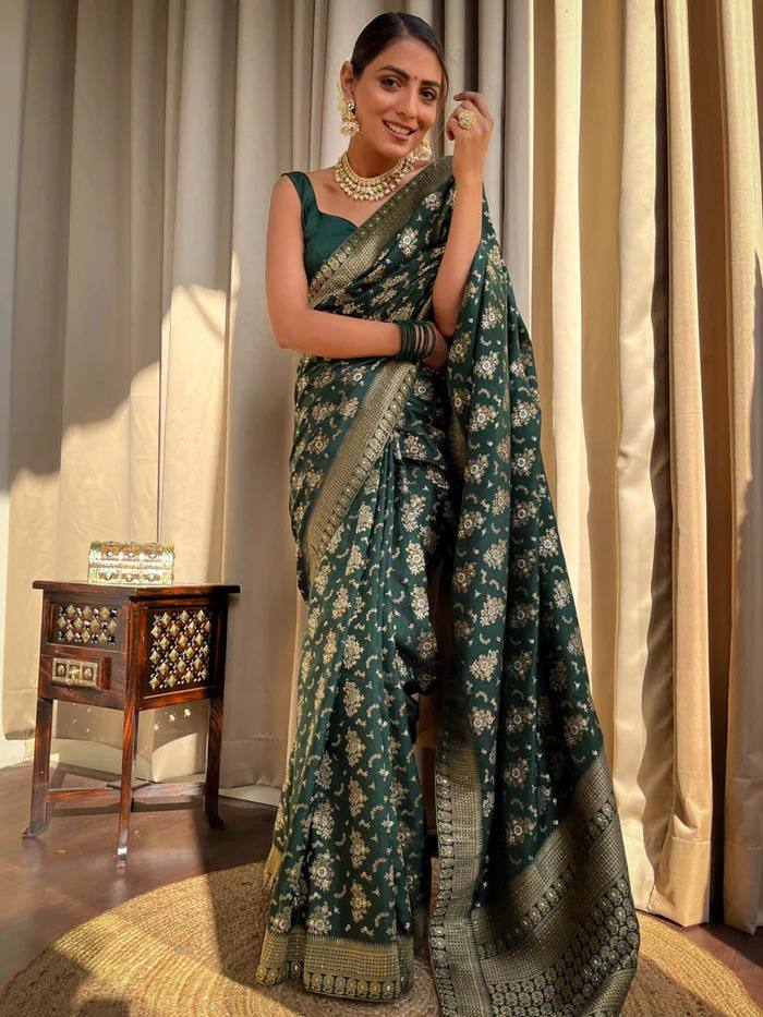 DARK GREEN COLOUR PURE SEMI SILK SAREE WITH HEAVY BROCADE BLOUSE