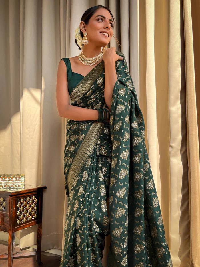 DARK GREEN COLOUR PURE SEMI SILK SAREE WITH HEAVY BROCADE BLOUSE