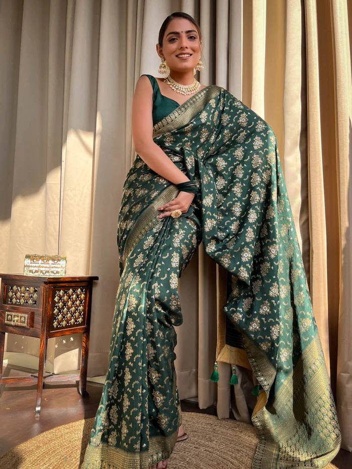 DARK GREEN COLOUR PURE SEMI SILK SAREE WITH HEAVY BROCADE BLOUSE