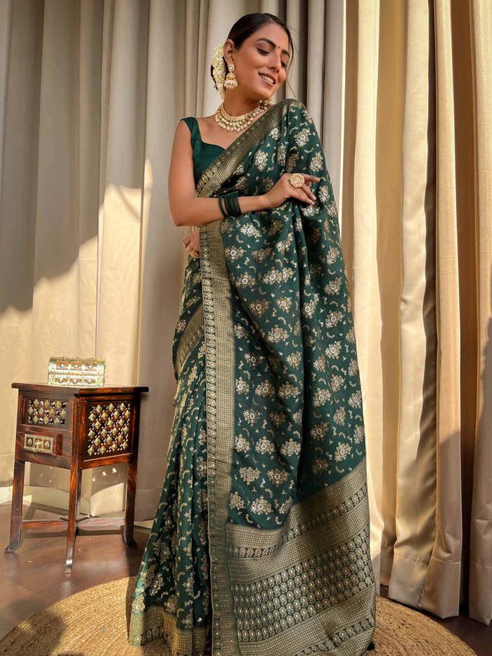 DARK GREEN COLOUR PURE SEMI SILK SAREE WITH HEAVY BROCADE BLOUSE