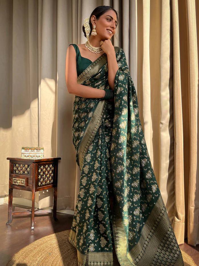 DARK GREEN COLOUR PURE SEMI SILK SAREE WITH HEAVY BROCADE BLOUSE