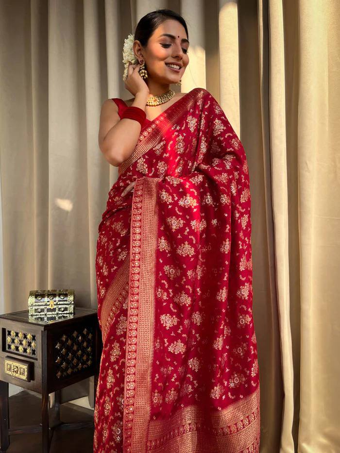 RED COLOUR PURE SEMI SILK SAREE WITH HEAVY BROCADE BLOUSE