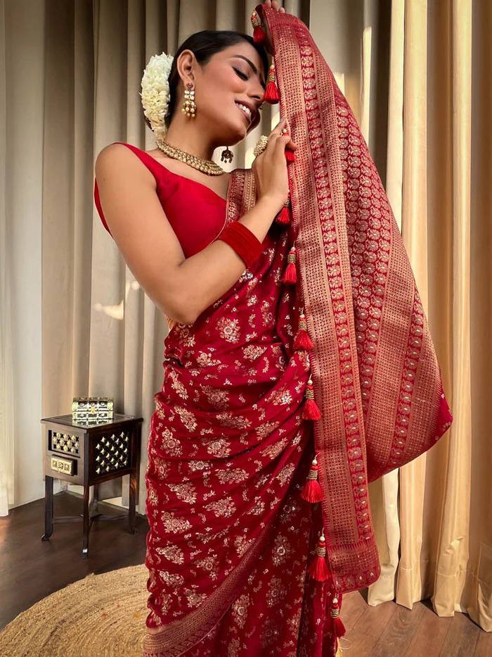 RED COLOUR PURE SEMI SILK SAREE WITH HEAVY BROCADE BLOUSE