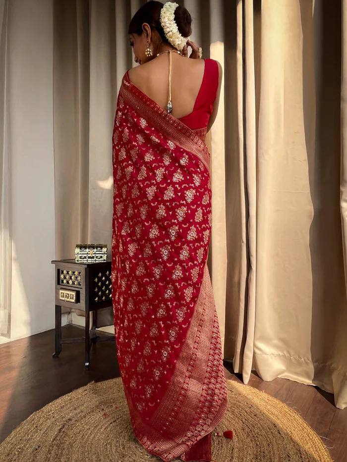 RED COLOUR PURE SEMI SILK SAREE WITH HEAVY BROCADE BLOUSE