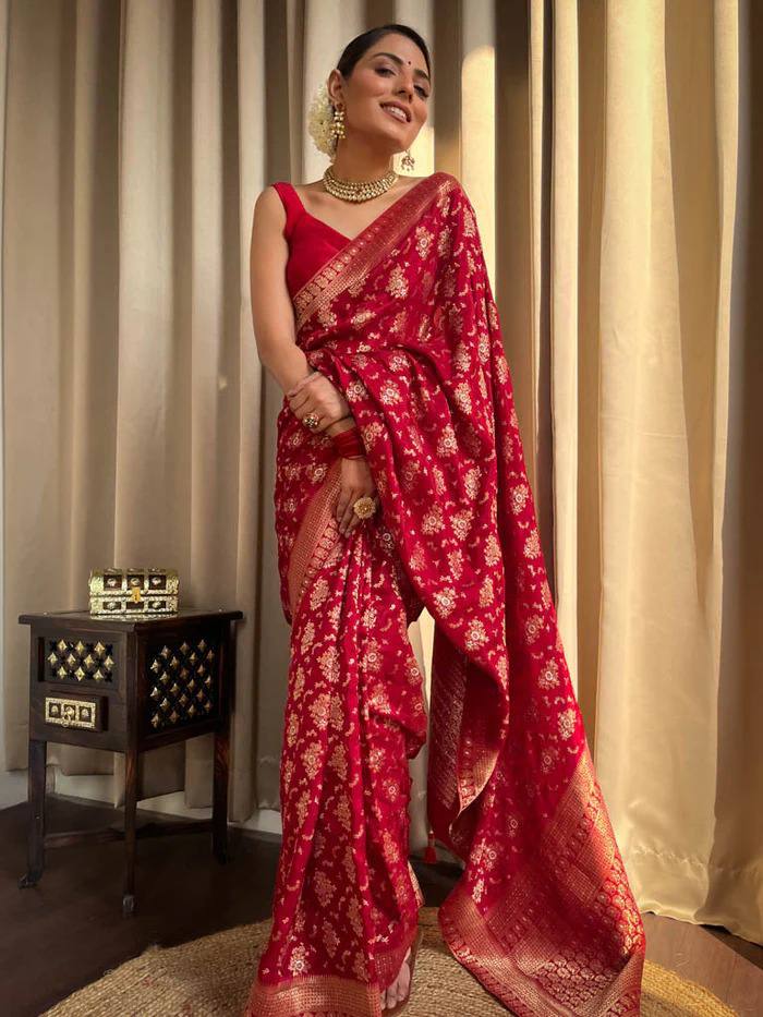 RED COLOUR PURE SEMI SILK SAREE WITH HEAVY BROCADE BLOUSE