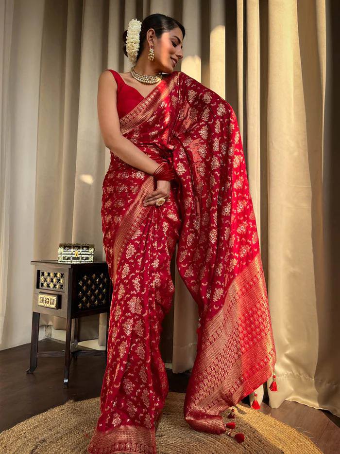 RED COLOUR PURE SEMI SILK SAREE WITH HEAVY BROCADE BLOUSE