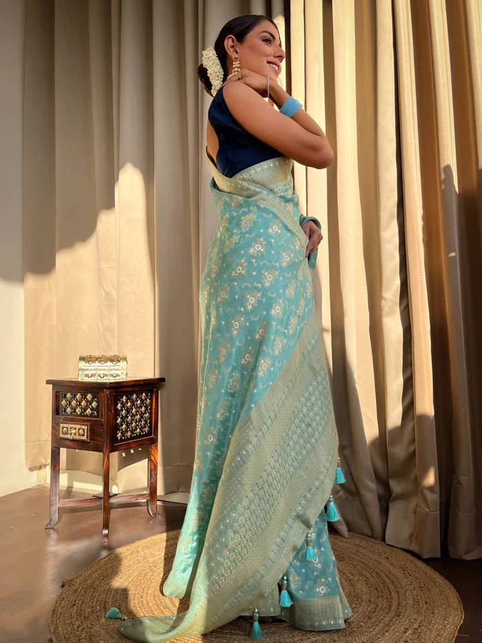 TURQUOISE GREEN SAREE WITH HEAVY BROCADE BLOUSE