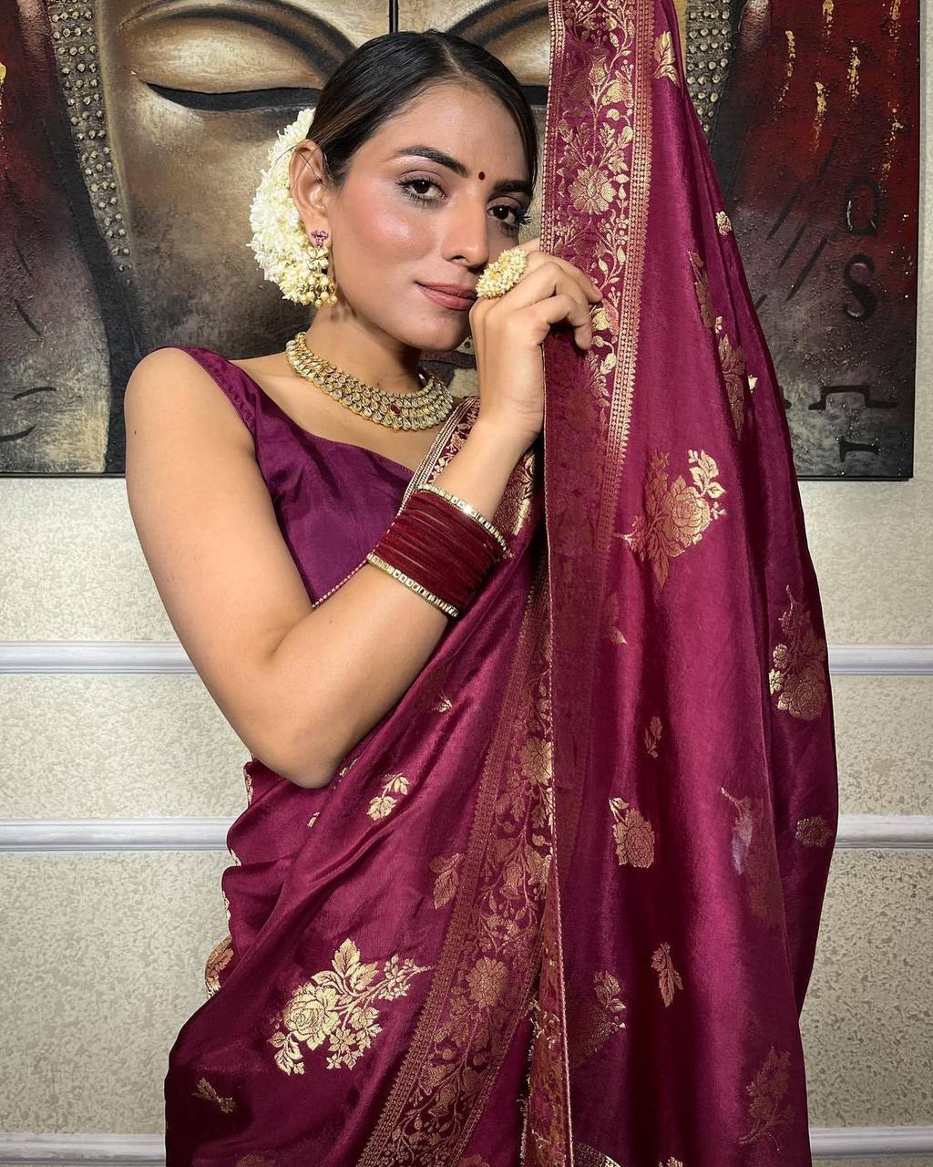 WINE SAREE WITH HEAVY BROCADE BLOUSE