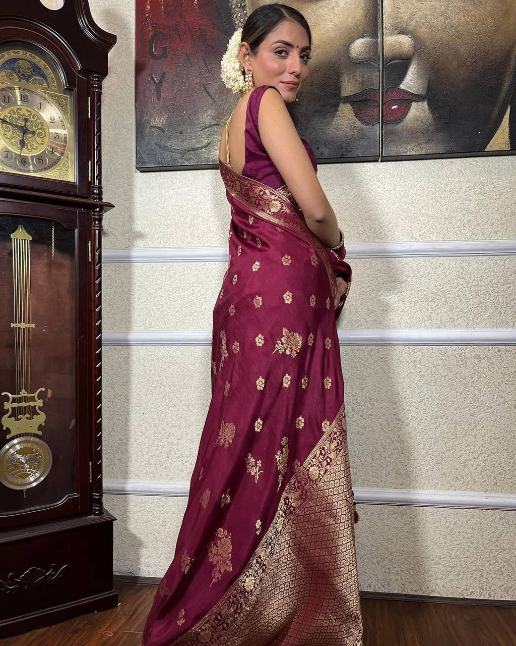 WINE SAREE WITH HEAVY BROCADE BLOUSE