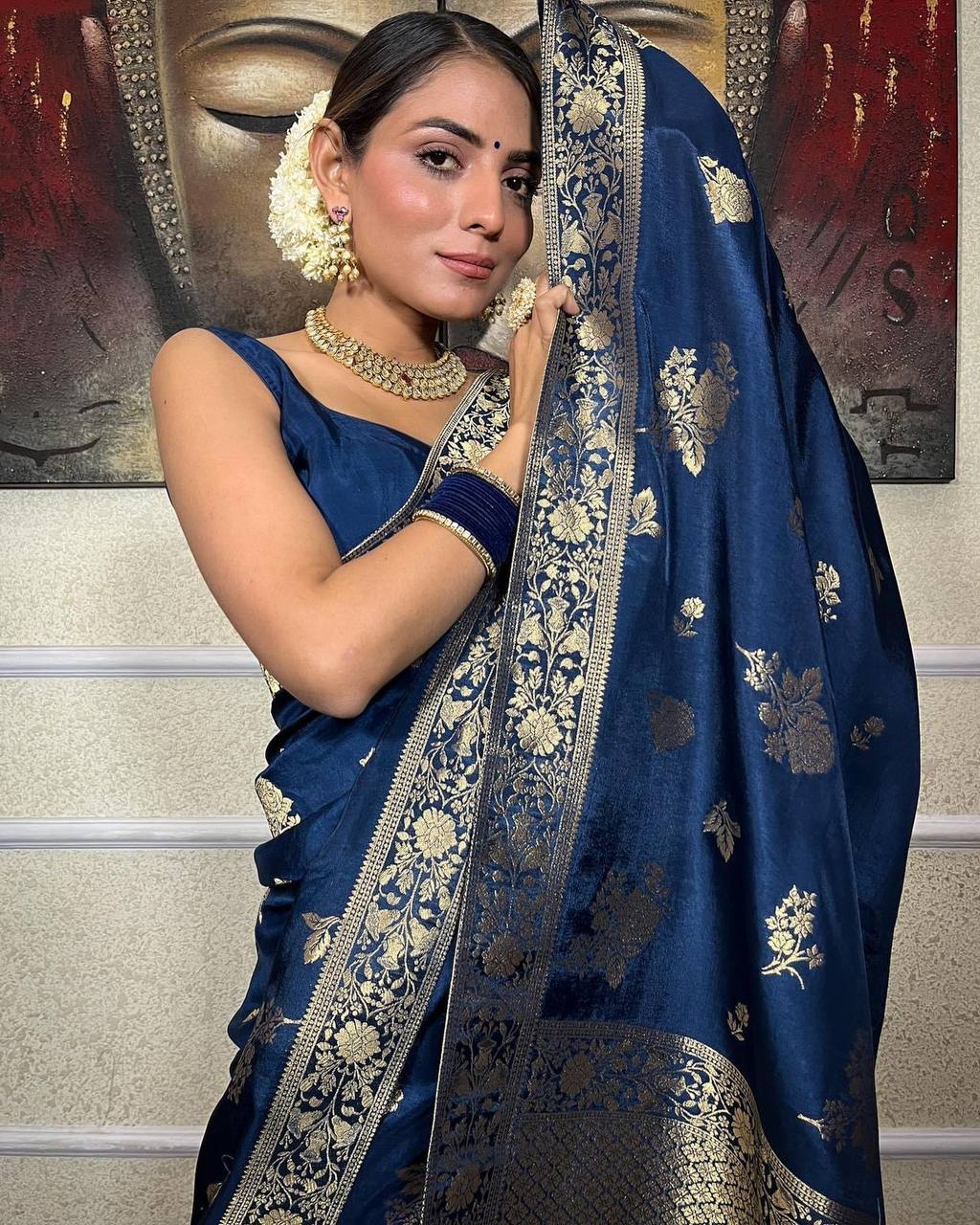 BLUE SAREE WITH HEAVY BROCADE BLOUSE