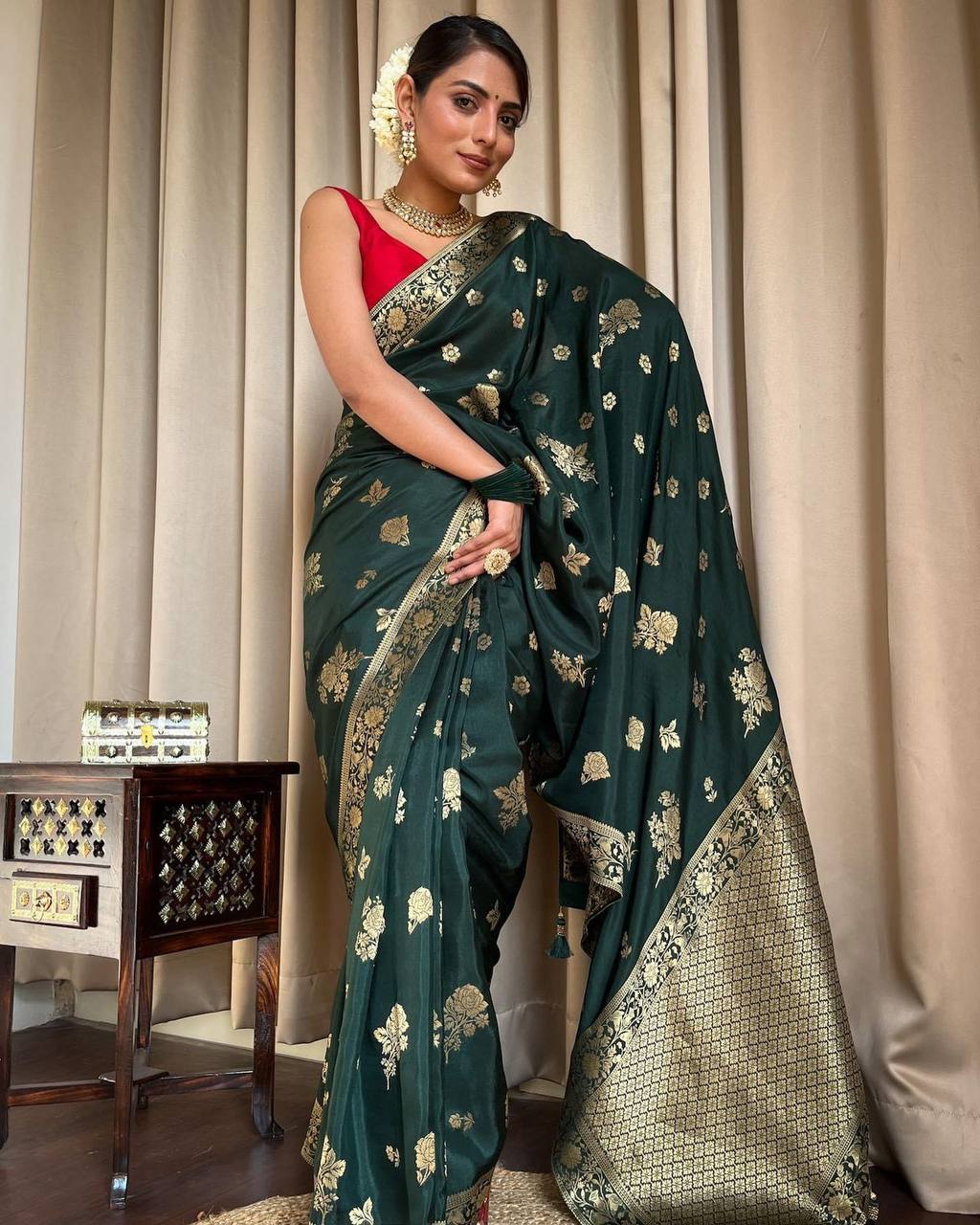 GREEN SAREE WITH HEAVY BROCADE BLOUSE