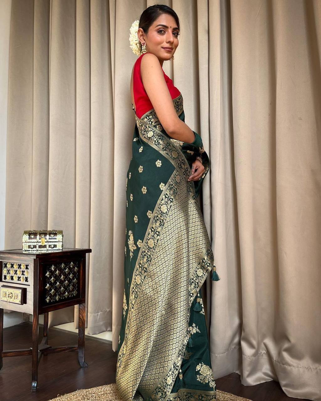 GREEN SAREE WITH HEAVY BROCADE BLOUSE