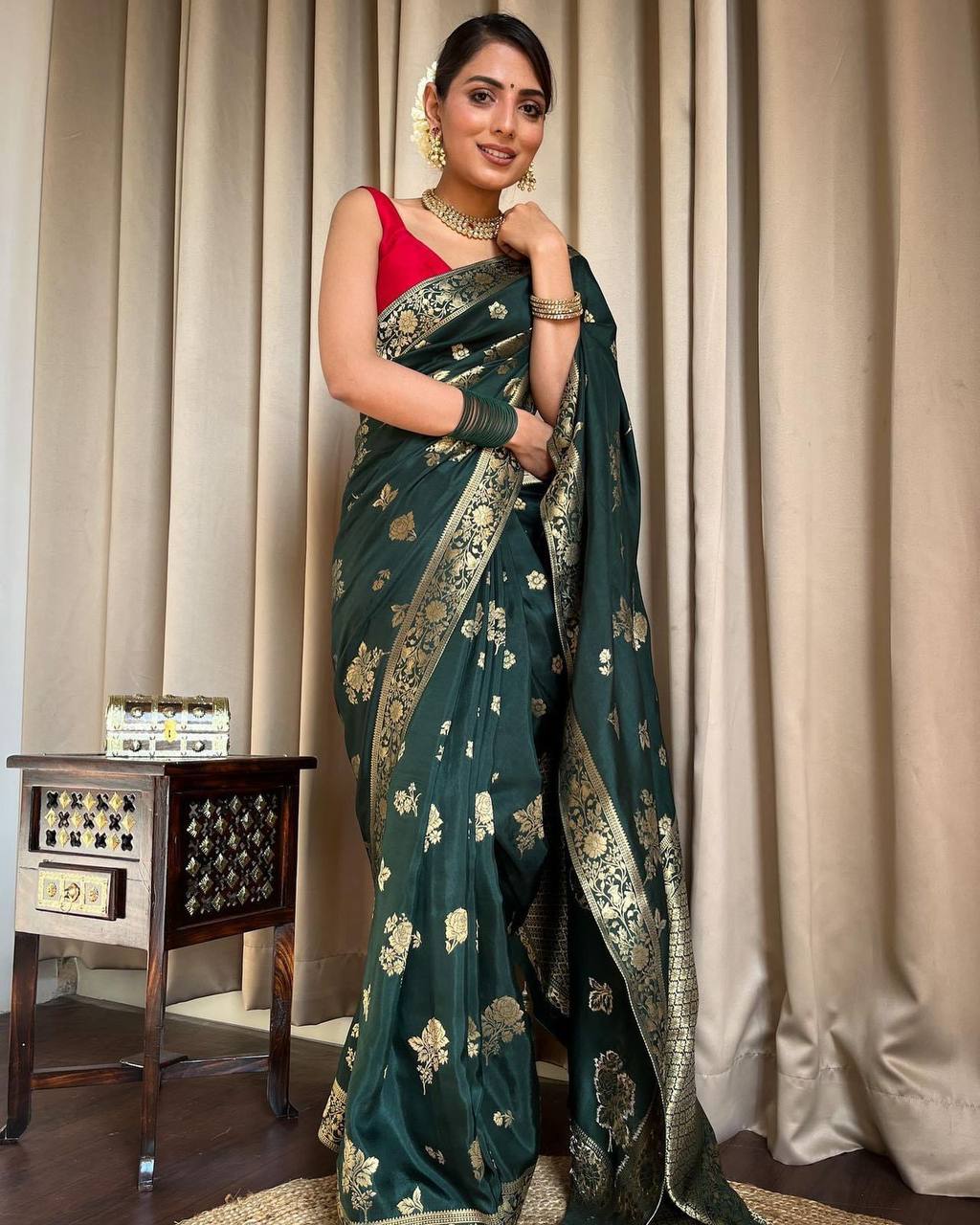 GREEN SAREE WITH HEAVY BROCADE BLOUSE