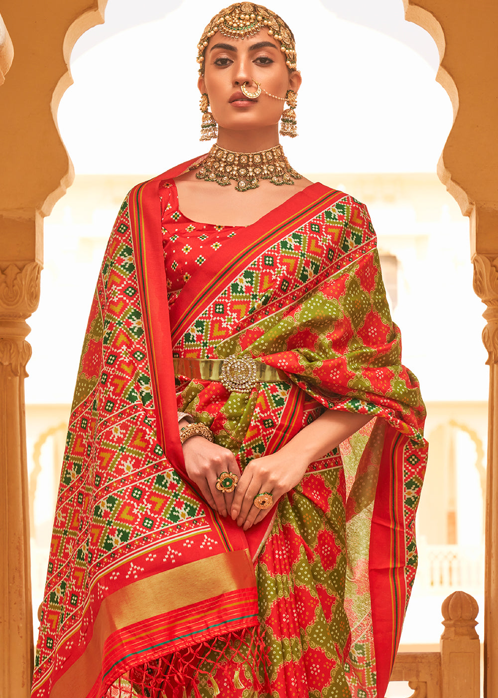 Experience the Fusion of Tradition and Modernity with the Red and Olive Printed Patola Tussar Silk Saree