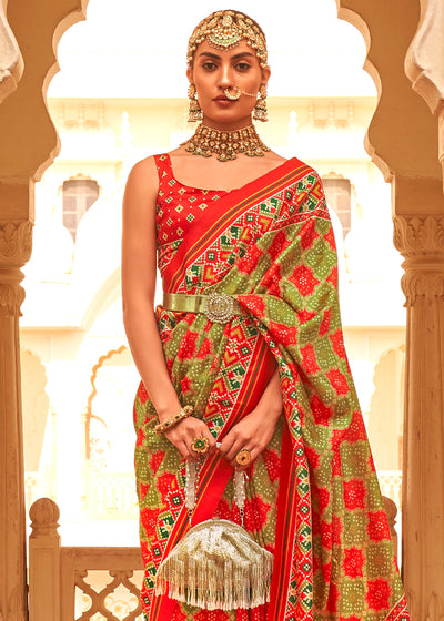 Experience the Fusion of Tradition and Modernity with the Red and Olive Printed Patola Tussar Silk Saree