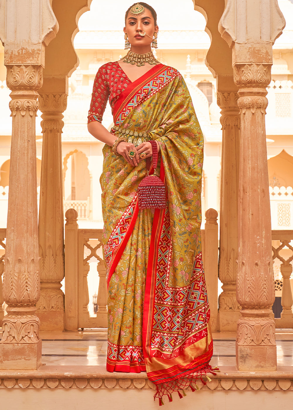 Make a Statement with the Golden Green Printed Patola Tussar Silk Saree