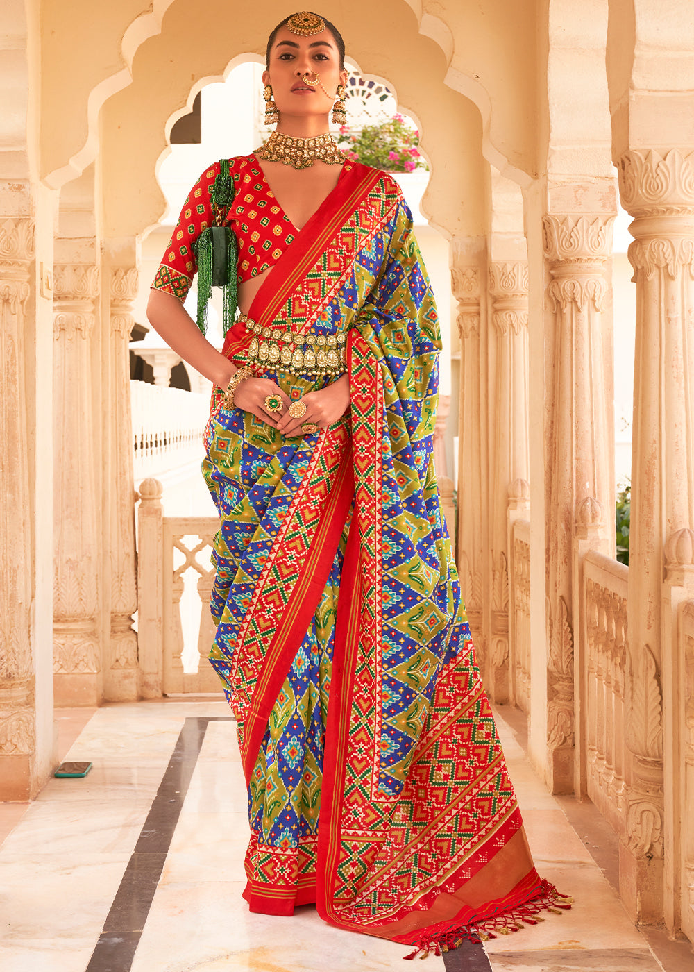 Add a Pop of Color with the Blue and Green Printed Patola Tussar Silk Saree