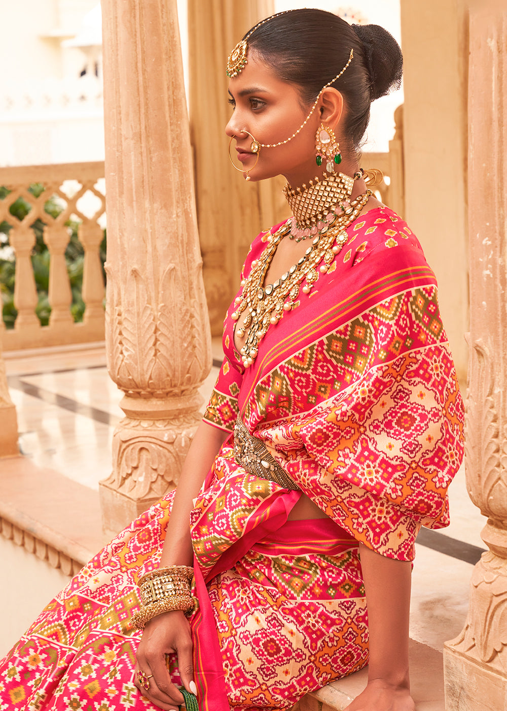 Make a Statement with the Flamingo Pink Printed Patola Tussar Silk Saree