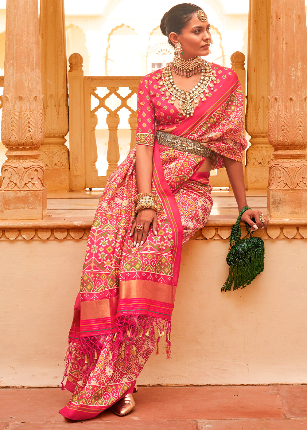 Make a Statement with the Flamingo Pink Printed Patola Tussar Silk Saree