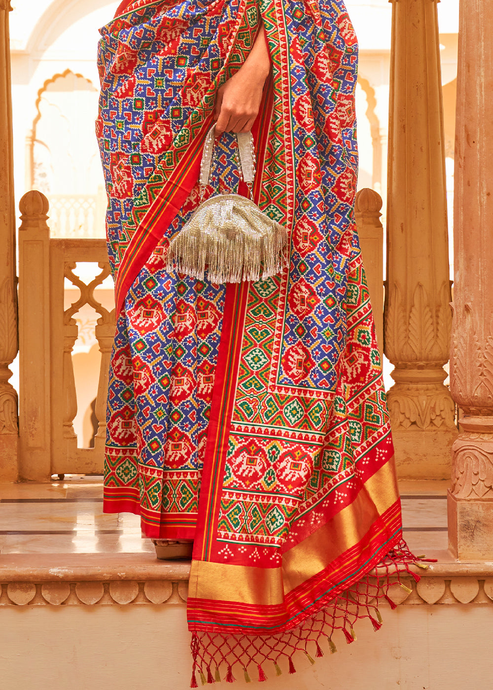 Striking Red and Blue Printed Patola Tussar Silk Saree