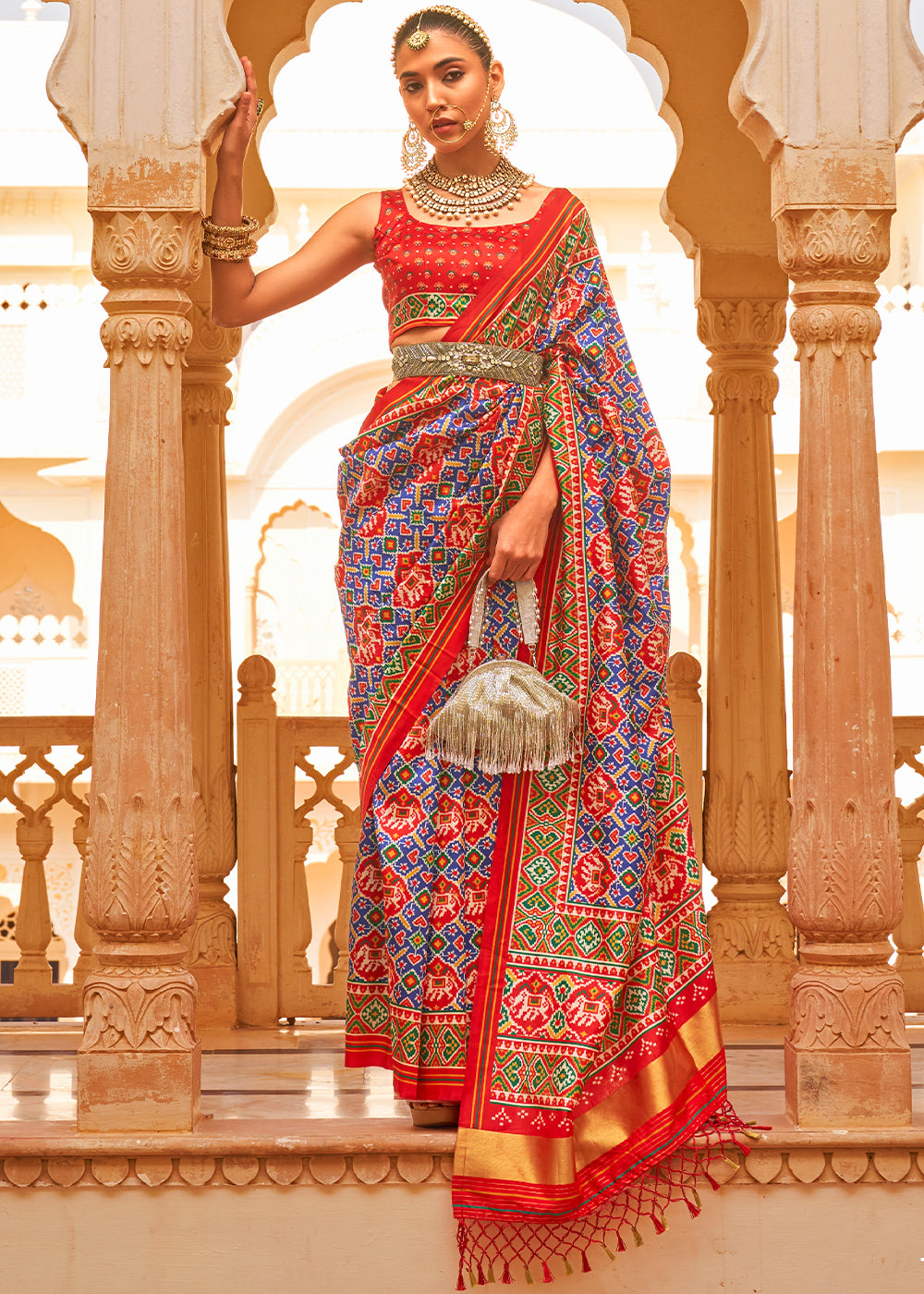 Striking Red and Blue Printed Patola Tussar Silk Saree