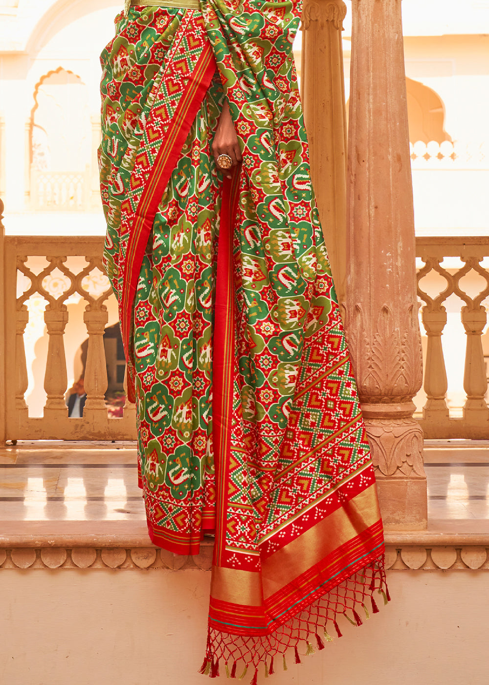 Elegant Festive Green Printed Patola Tussar Silk Saree