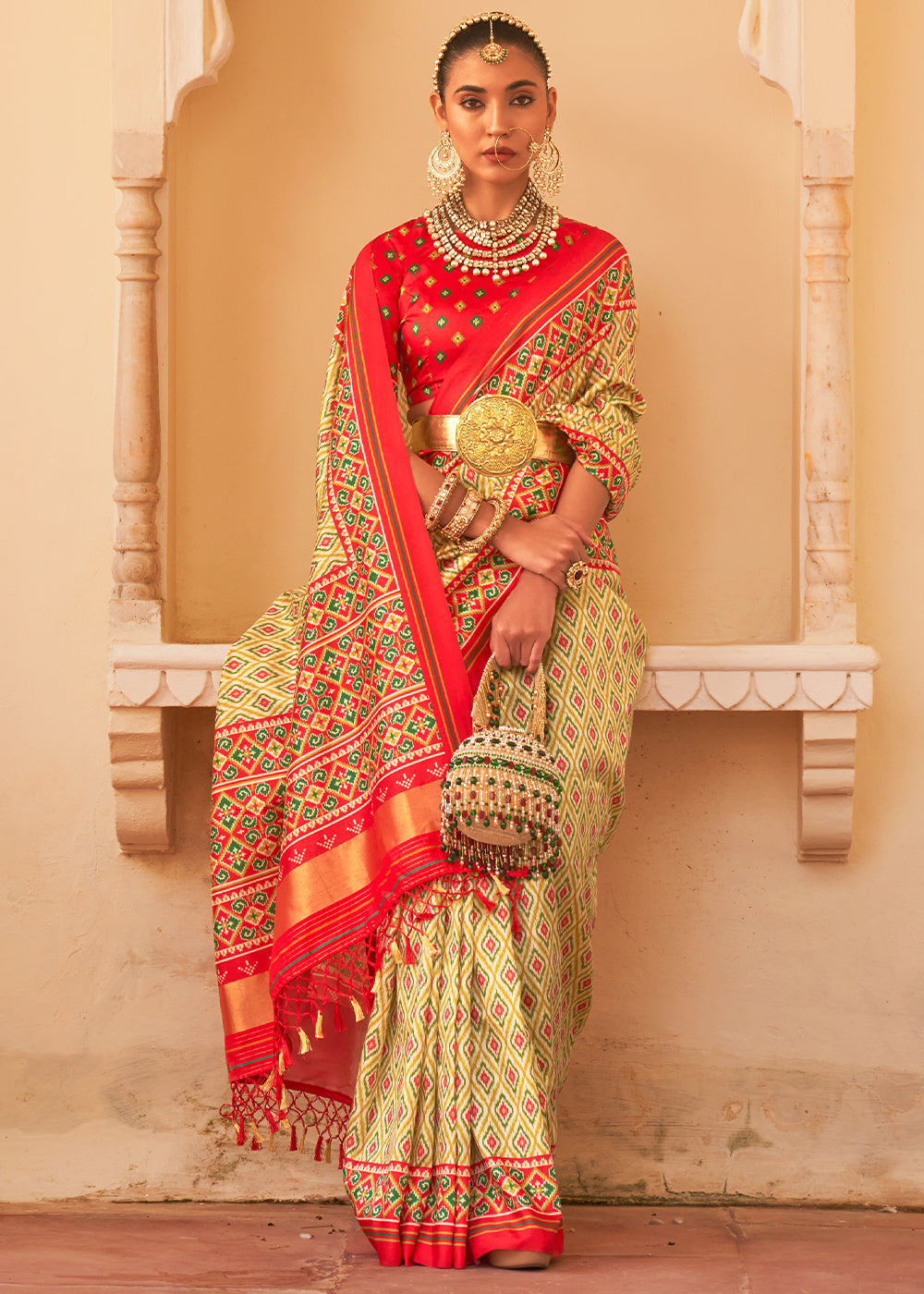 Vibrant Lime Yellow Printed Patola Tussar Silk Saree