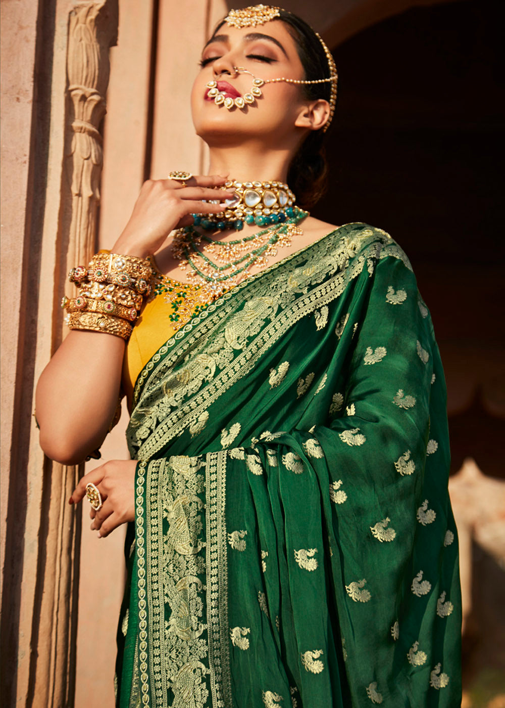 Enchanting and Graceful Green Woven Banarasi Silk Saree with Embroidered Blouse