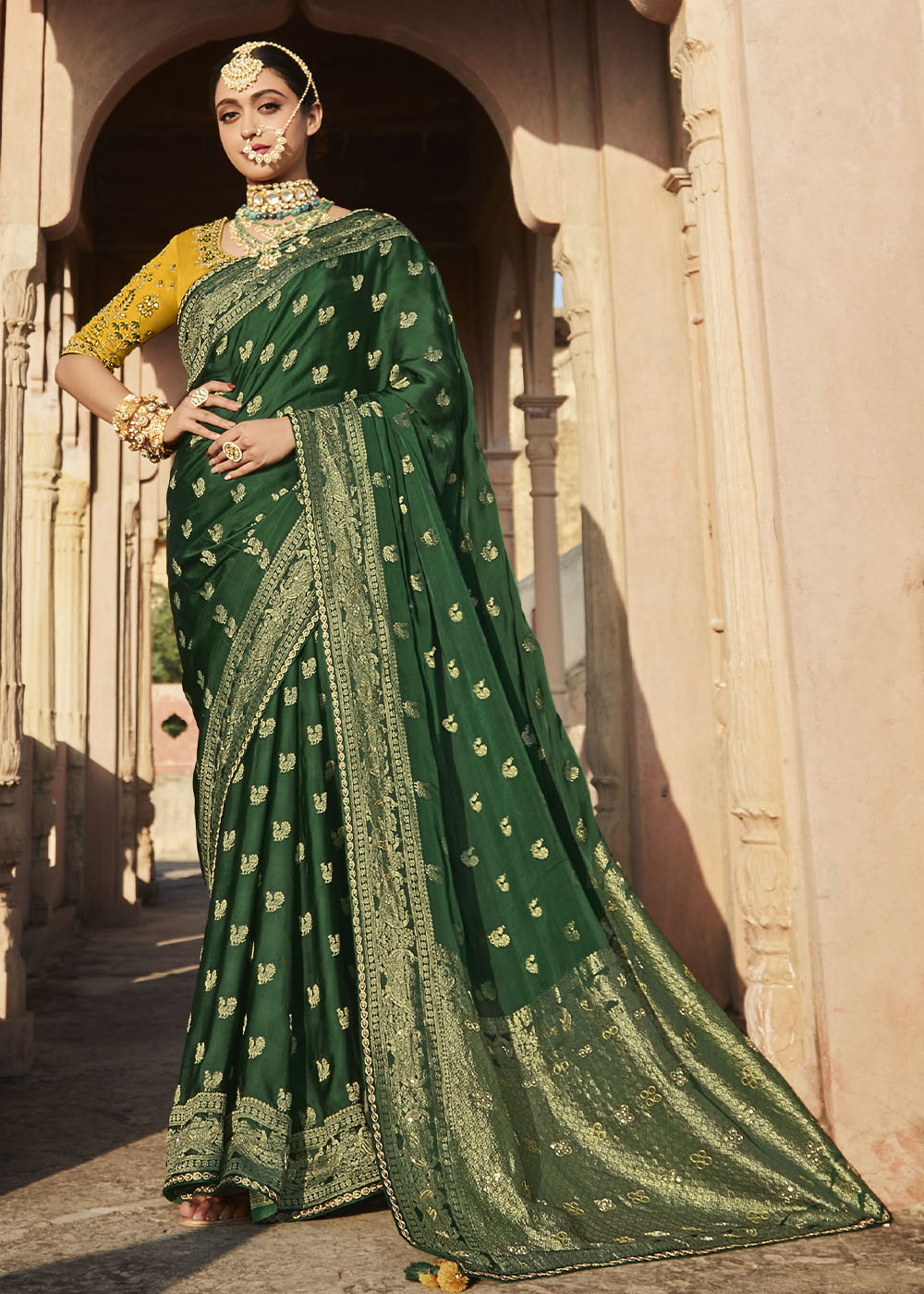 Enchanting and Graceful Green Woven Banarasi Silk Saree with Embroidered Blouse