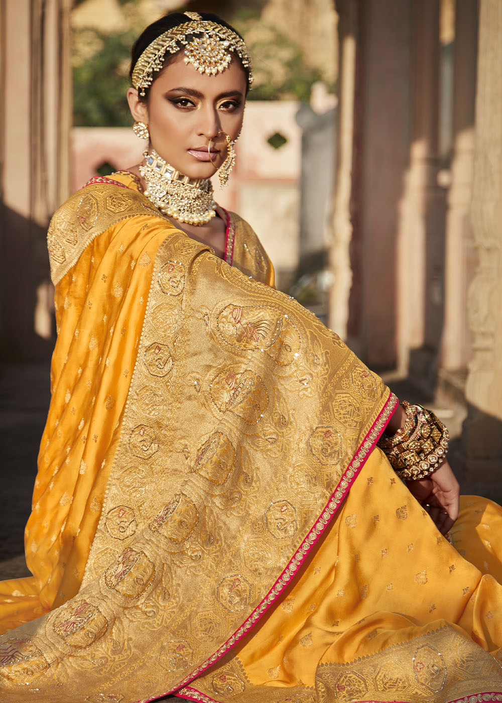 Radiant and Vibrant Orange Woven Banarasi Silk Saree with Embroidered Blouse