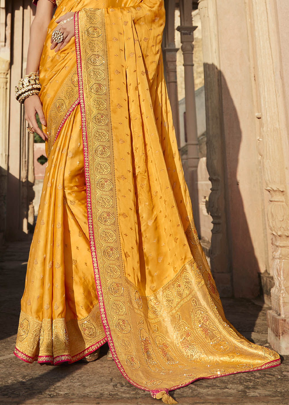 Radiant and Vibrant Orange Woven Banarasi Silk Saree with Embroidered Blouse