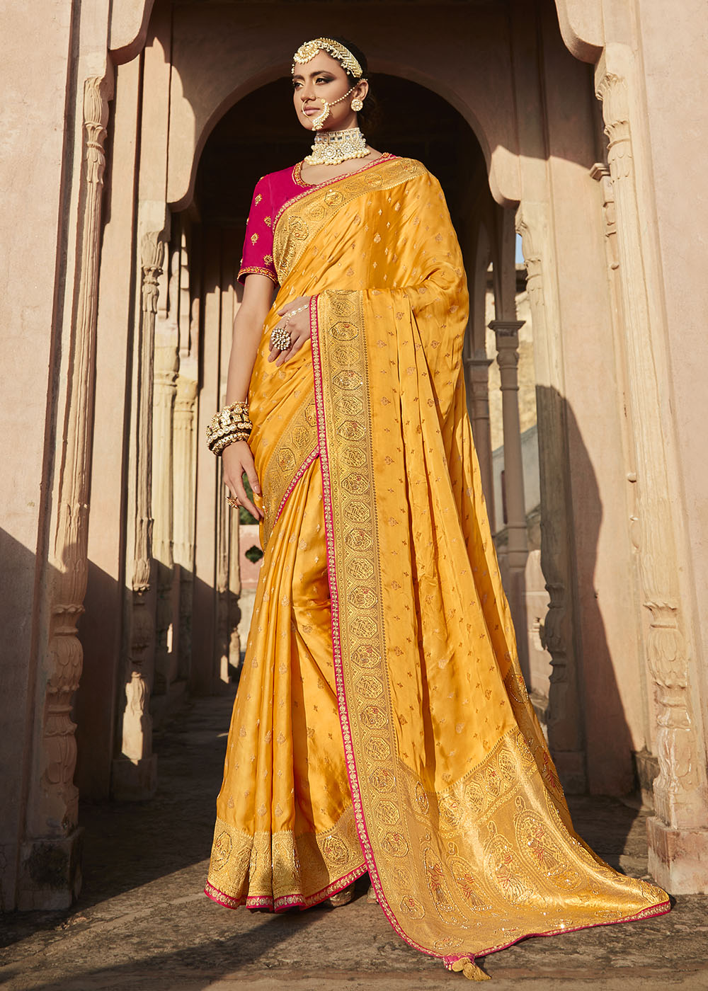 Radiant and Vibrant Orange Woven Banarasi Silk Saree with Embroidered Blouse