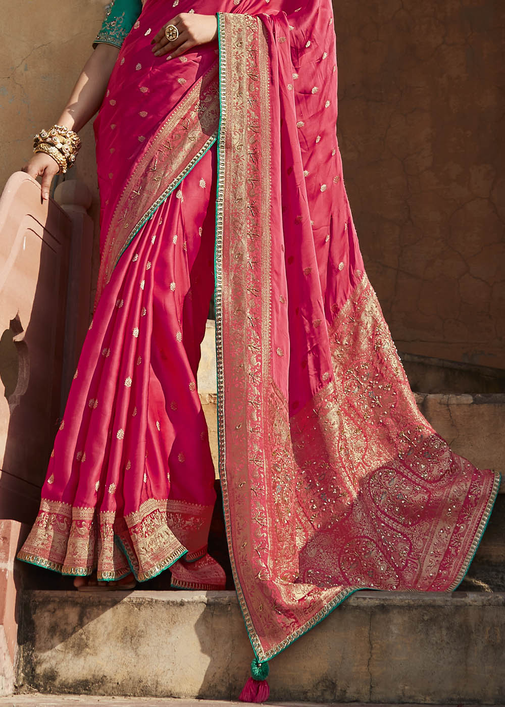 Elegant and Feminine Pink Woven Banarasi Silk Saree with Embroidered Blouse