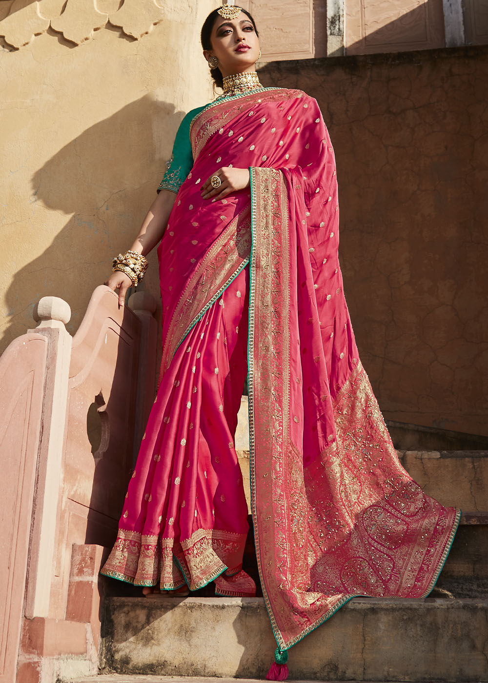 Elegant and Feminine Pink Woven Banarasi Silk Saree with Embroidered Blouse