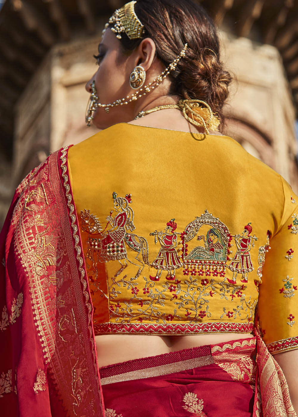 Radiant and Glamorous Red Woven Banarasi Silk Saree with Embroidered Blouse