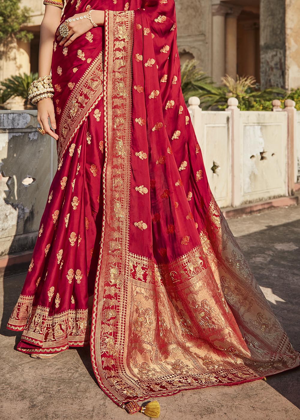 Radiant and Glamorous Red Woven Banarasi Silk Saree with Embroidered Blouse