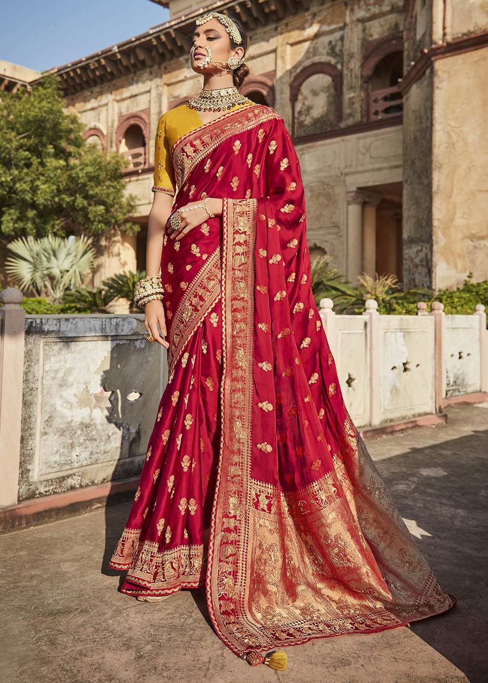 Radiant and Glamorous Red Woven Banarasi Silk Saree with Embroidered Blouse