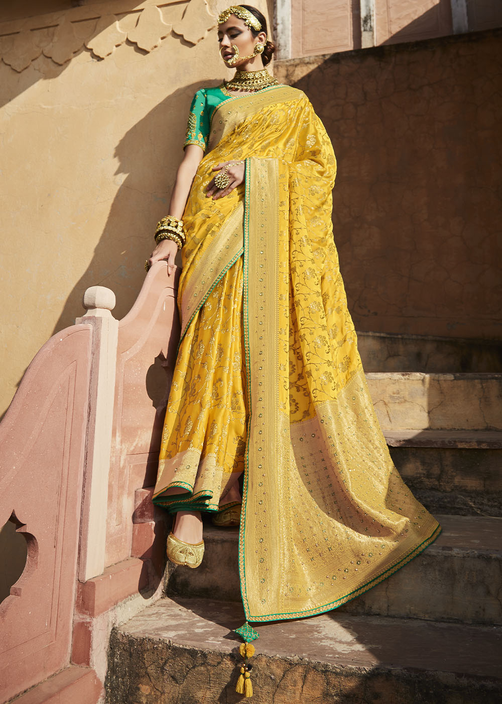 Elegant and Graceful Yellow Woven Banarasi Silk Saree with Embroidered Blouse