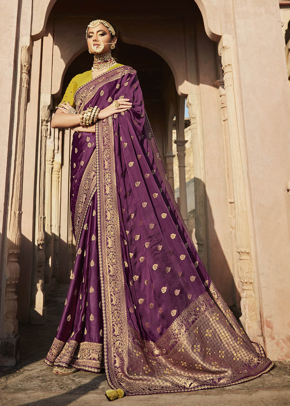 Regal and Luxurious Purple Woven Banarasi Silk Saree with Embroidered Blouse