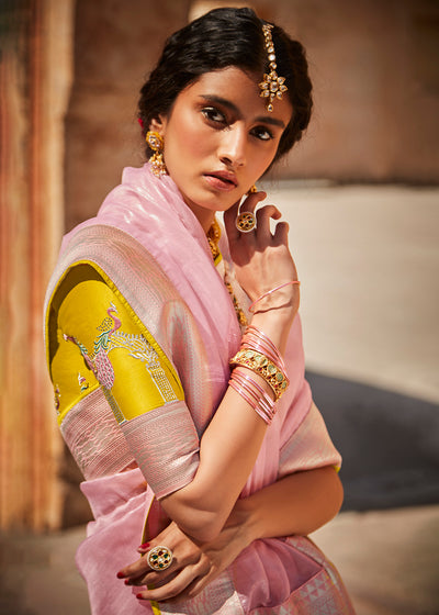 Pink Zari Tissue Silk Saree with Intricately Designed Blouse