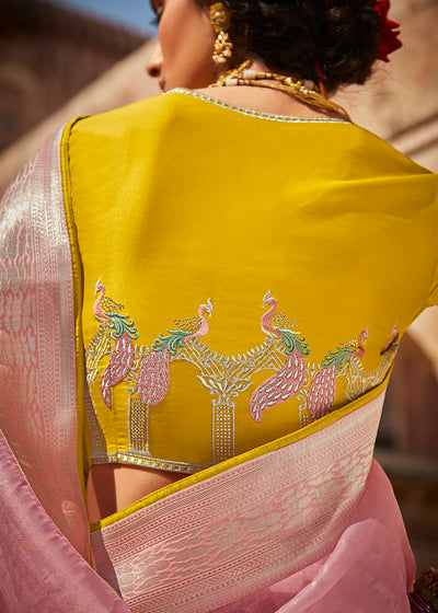 Pink Zari Tissue Silk Saree with Intricately Designed Blouse