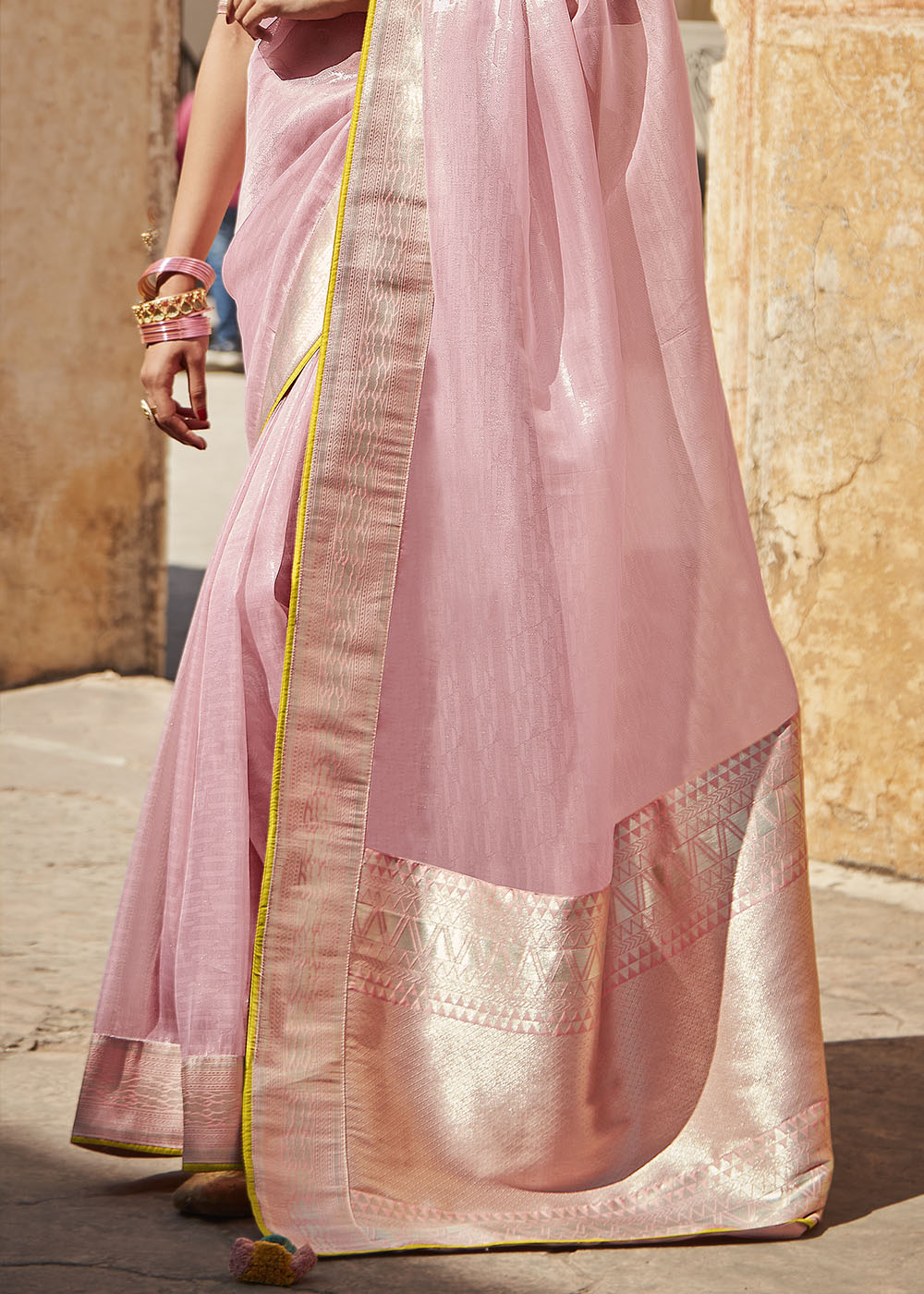 Pink Zari Tissue Silk Saree with Intricately Designed Blouse